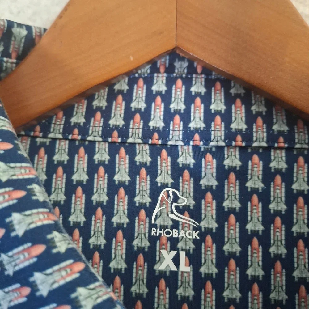 Rhoback The Liftoff Polo Shirt Mens XL Navy Space Shuttle Rocket Performance - Picture 4 of 8